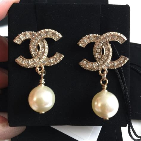 chanel mini pearl drop gold earrings 20q8|Chanel crochet earrings.